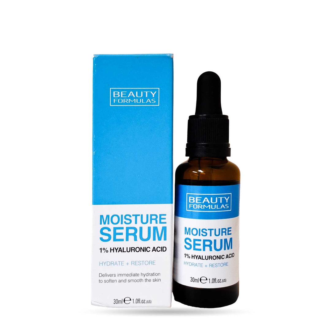 Beauty Formulas Moisture Serum 1% Hyaluronic Acid bottle and box, 30ml