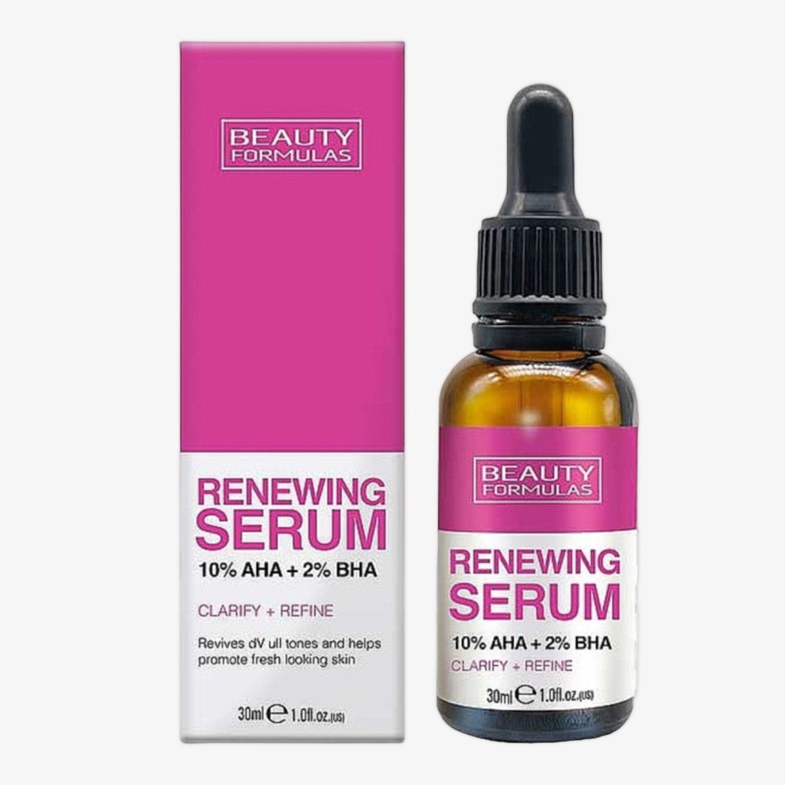 Beauty Formulas Renewing Serum 10% AHA and 2% BHA bottle and box, 30ml