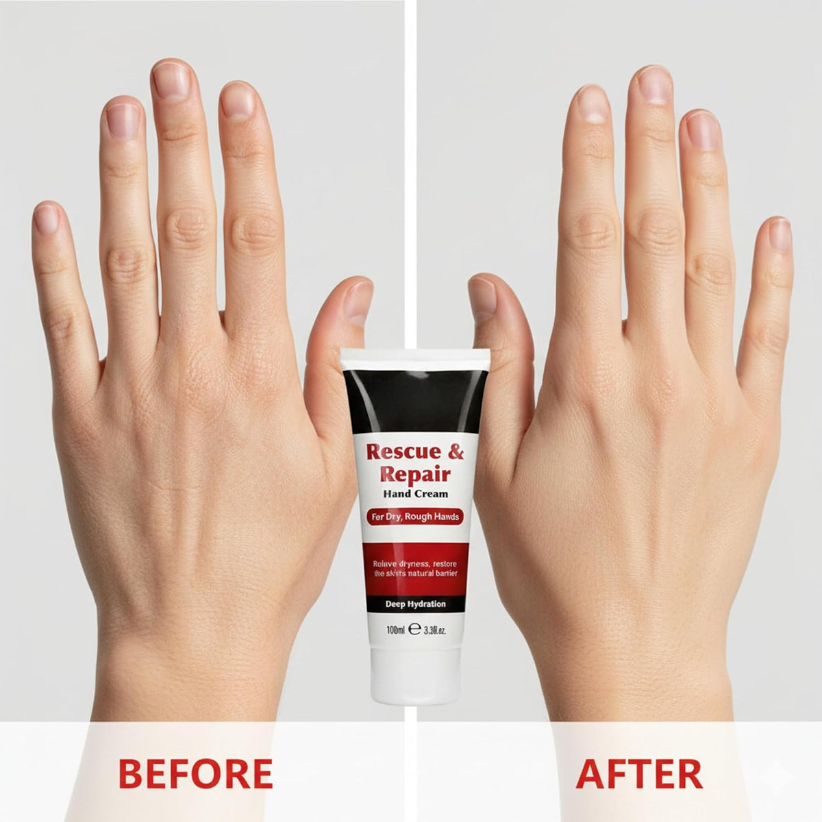Before and after graphic of two hands either side of the product tube, captioned before and after