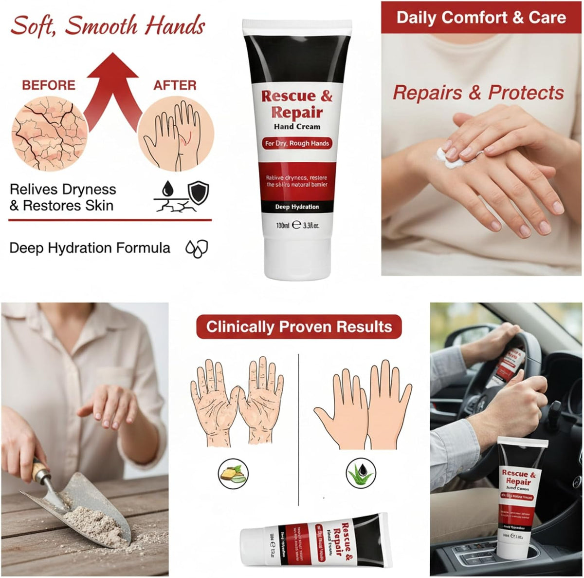 Infographic collage showing a before-and-after hand illustration captioned relieves dryness and restores skin, a deep hydration formula callout, and a lifestyle photo of hands being moisturised