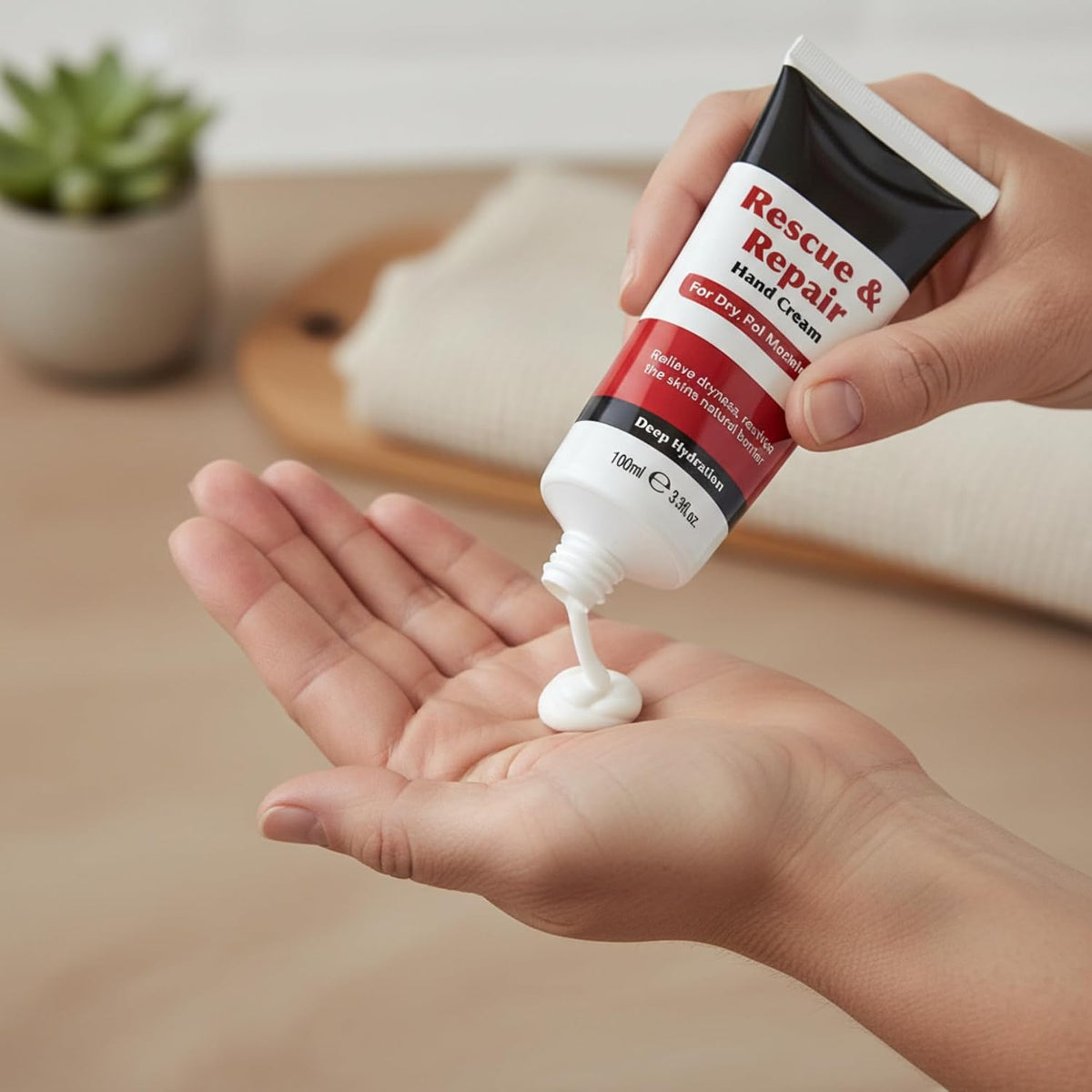 Beauty Formulas Rescue & Repair Hand Cream being squeezed from the tube into an open palm