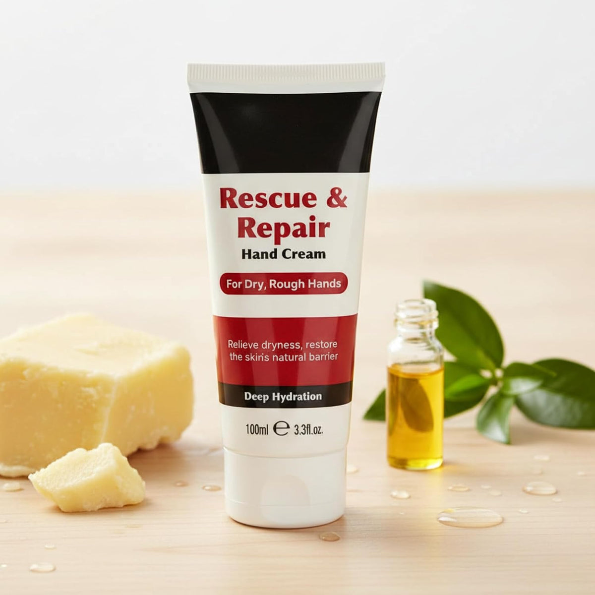 Beauty Formulas Rescue & Repair Hand Cream tube styled on wood with a block of shea butter and a bottle of oil beside a leafy sprig