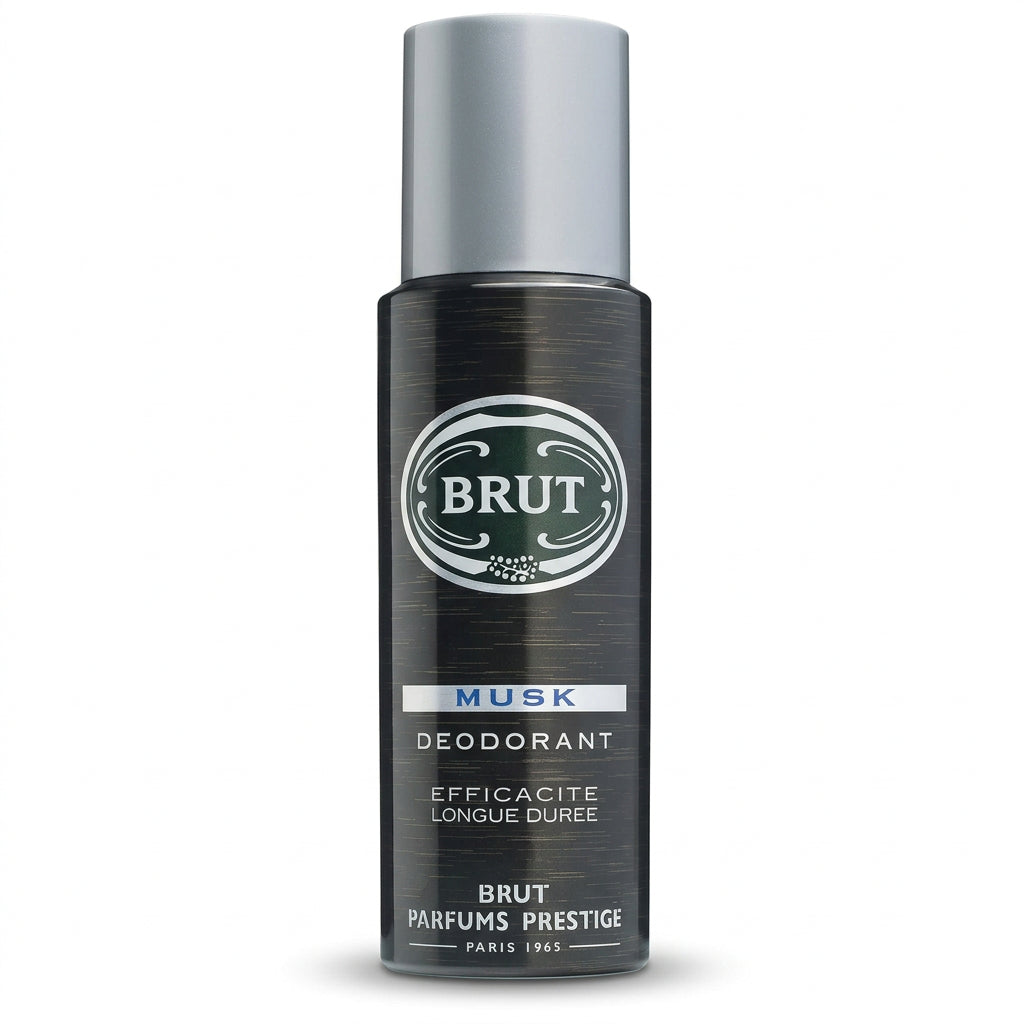 Brut Musk deodorant 200 ml black aerosol can, front view