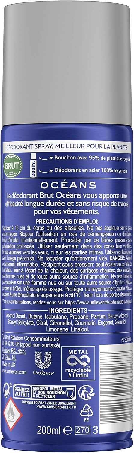 Back of the Brut Oceans can with usage text, ingredients and recycling symbols