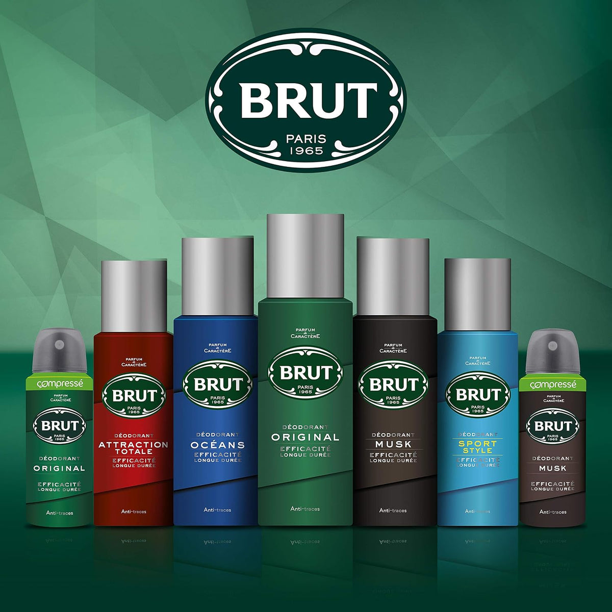 Brut deodorant range lineup of coloured cans on a green background