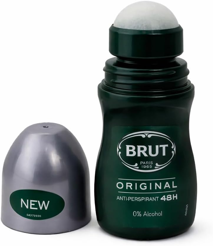 Brut Original roll-on shown open next to its grey cap