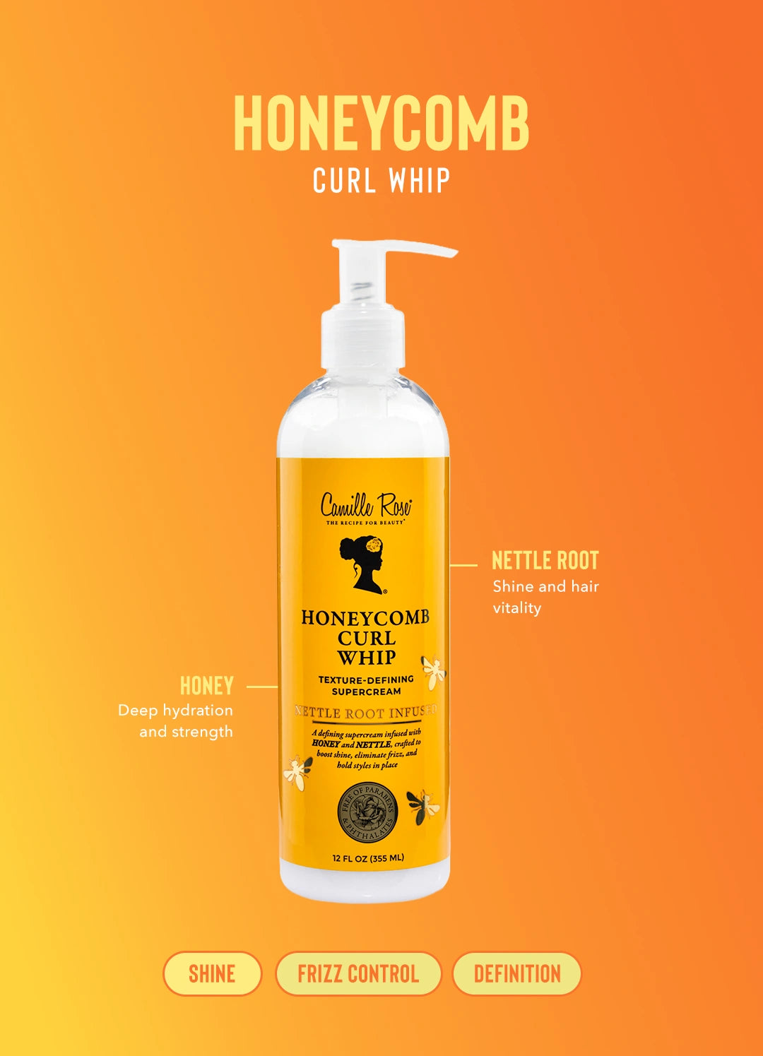Honeycomb Curl Whip bottle graphic with honey and nettle root call-outs and shine, frizz control and definition labels