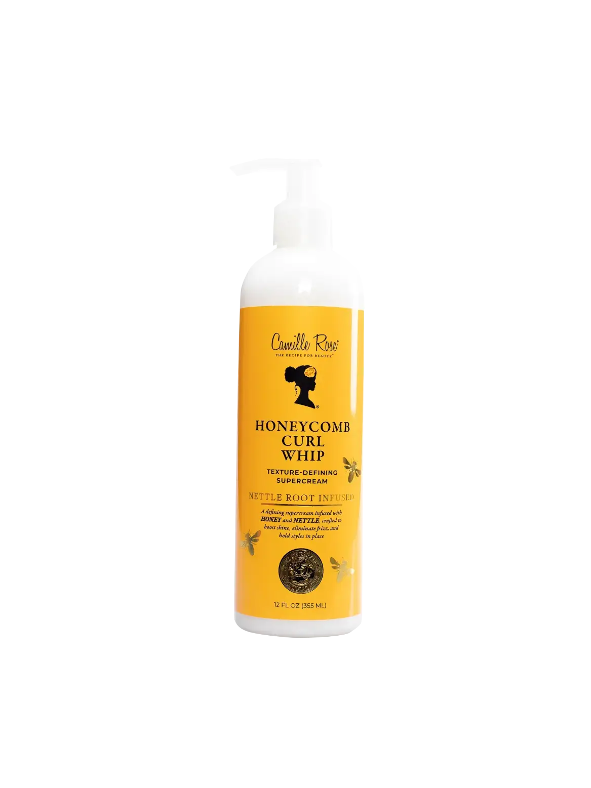 Camille Rose Honeycomb Curl Whip Texture-Defining Supercream 355 ml yellow pump bottle, front view on a white background
