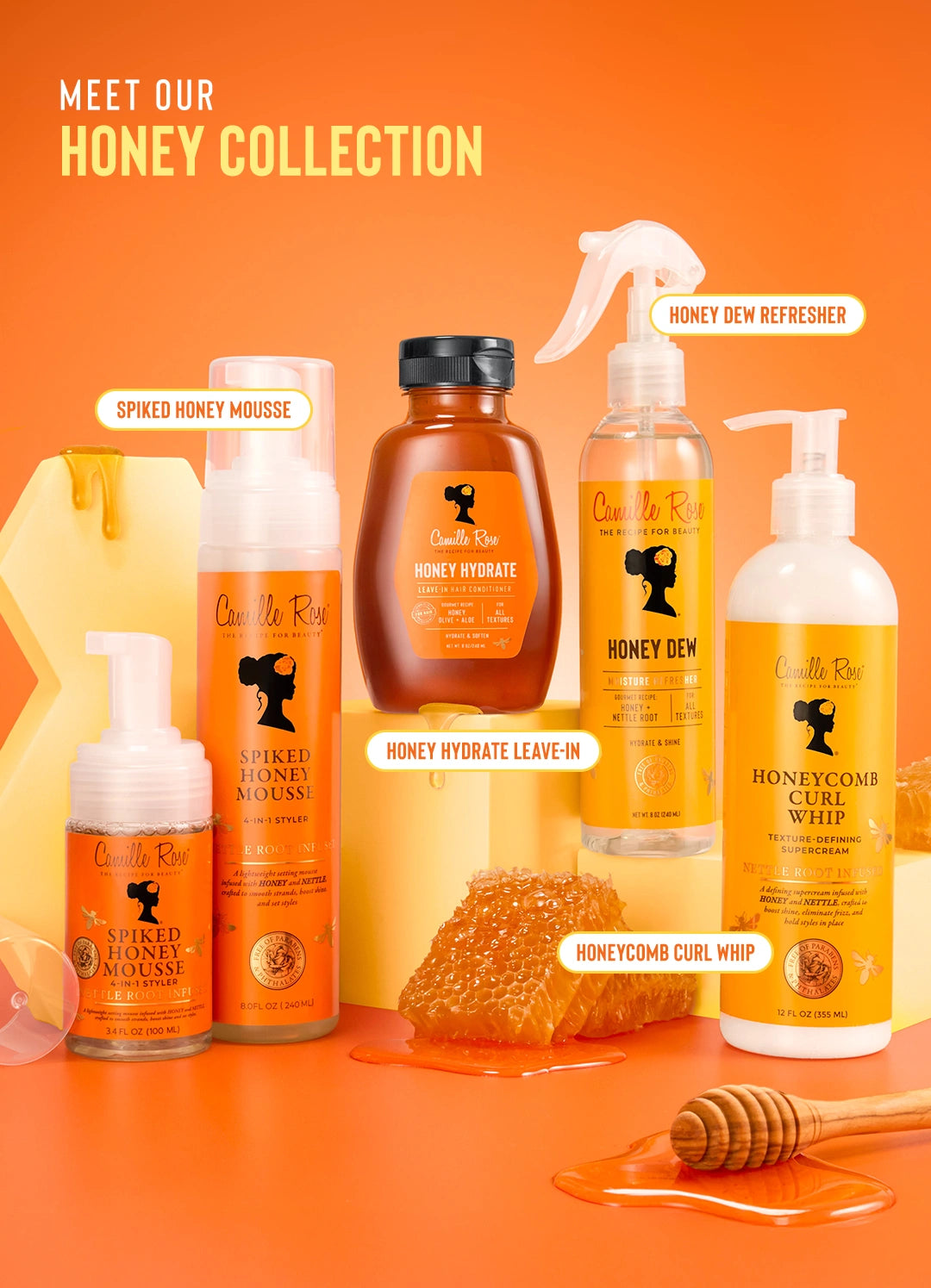 Line-up of five Camille Rose Honey Collection products including the Honeycomb Curl Whip on an orange background