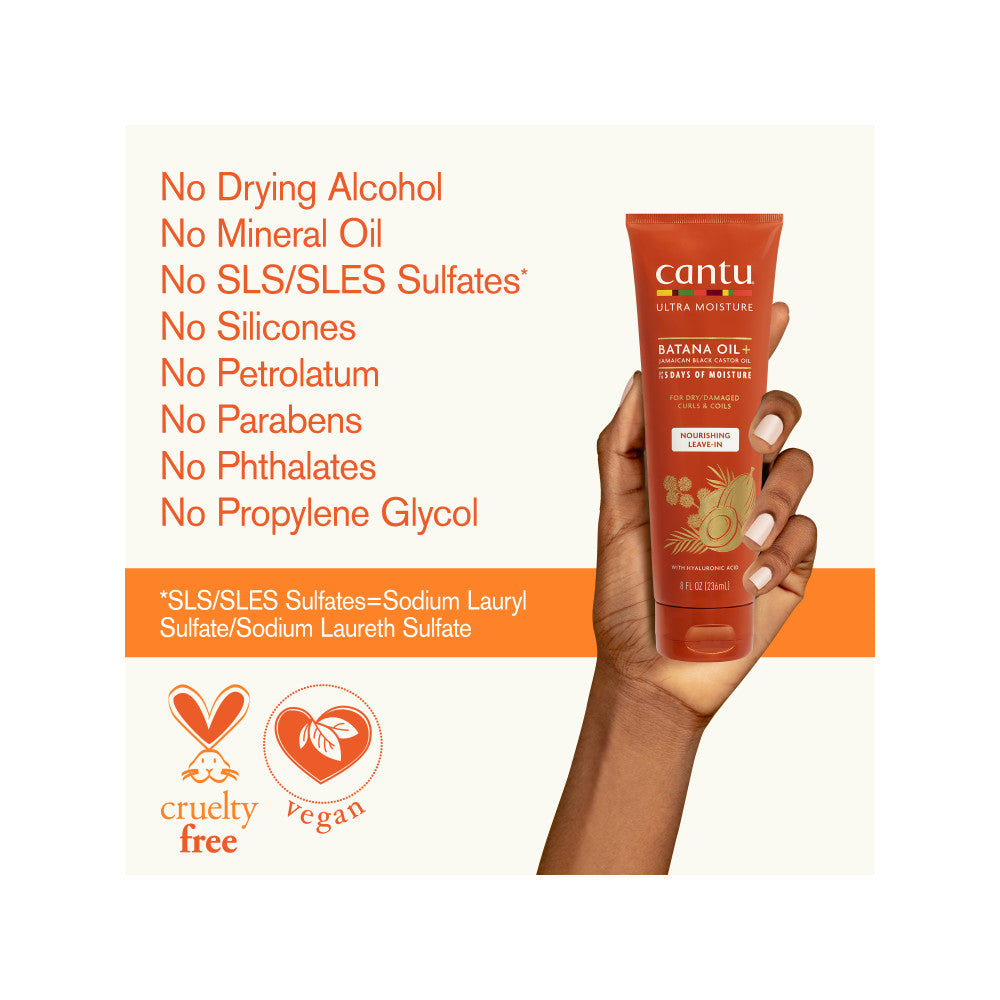Cantu leave-in conditioner formula exclusions and vegan symbols