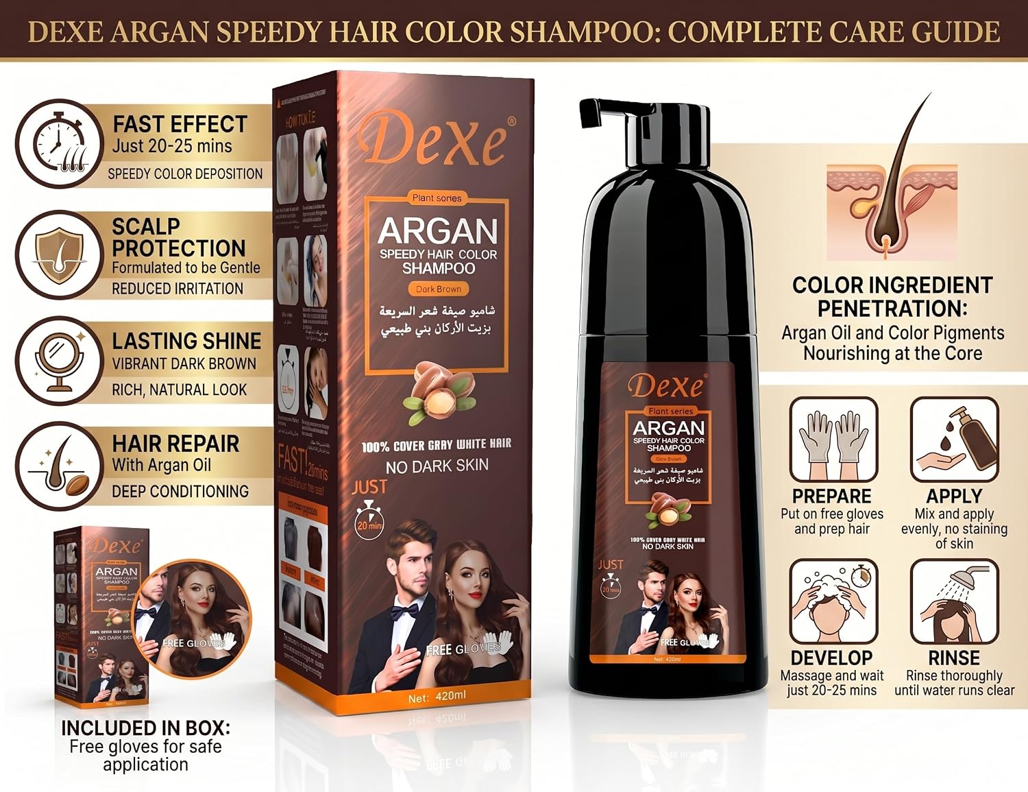 Dexe Argan Instant Hair Colour Shampoo for Grey Hair | Dark Brown - Transform grey hair to a rich dark brown in just 5 - Imag
