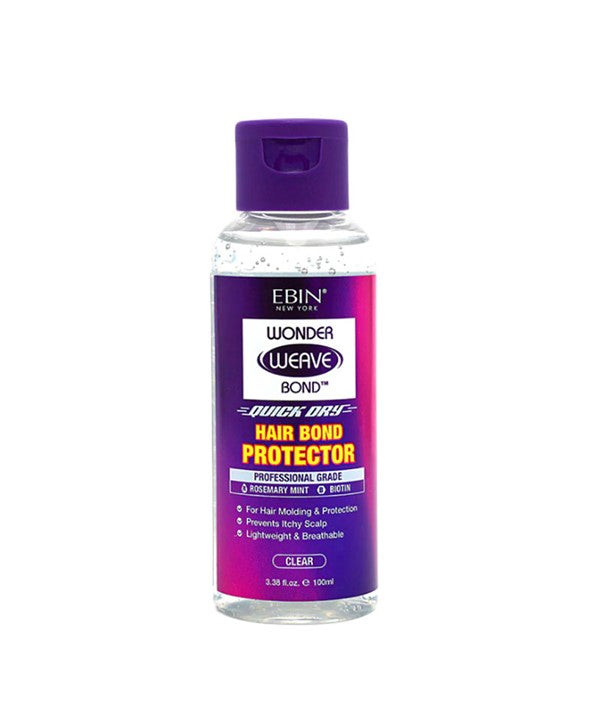 Ebin Wonder Weave Bond Hair Bond Protector Clear 100 ml bottle with purple cap and gradient label, front view
