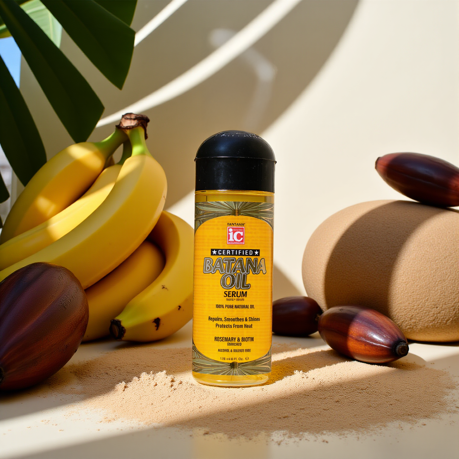 Fantasia IC Batana Oil Serum bottle with Batana fruit display