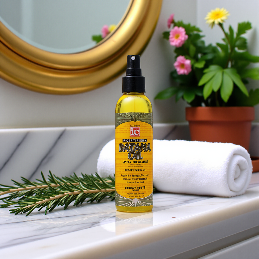Fantasia IC Batana Oil Spray Treatment bottle on bathroom counter