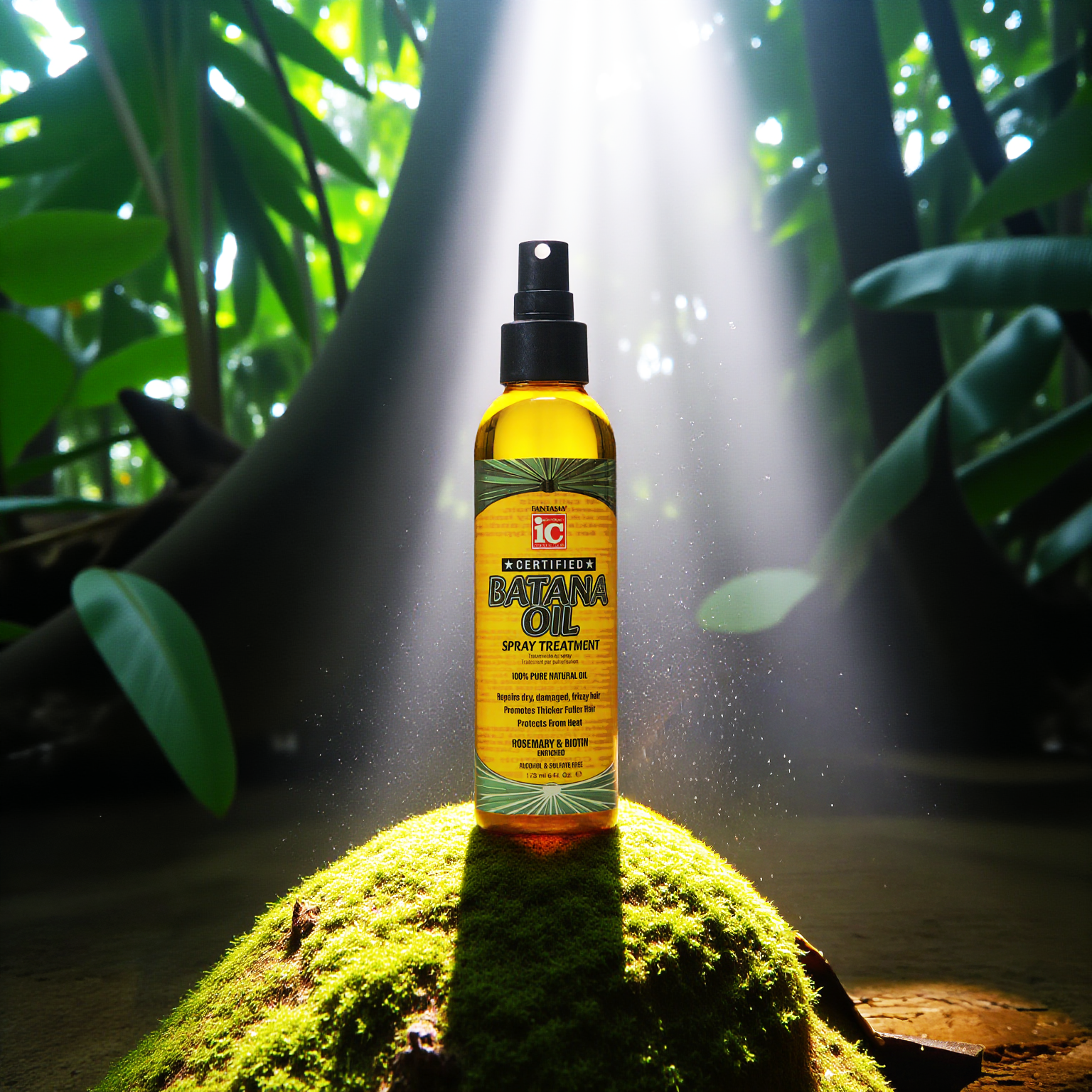 Fantasia IC Batana Oil Spray Treatment bottle on a moss display