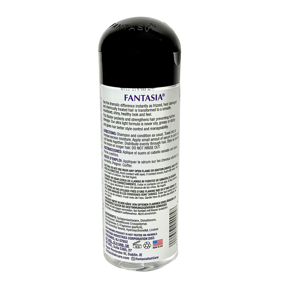 Fantasia IC Frizz Buster Serum 178 ml bottle, back label