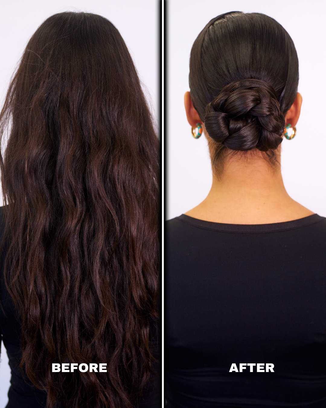 Back view of long hair before and sleek updo after Fantasia IC Frizz Buster Serum