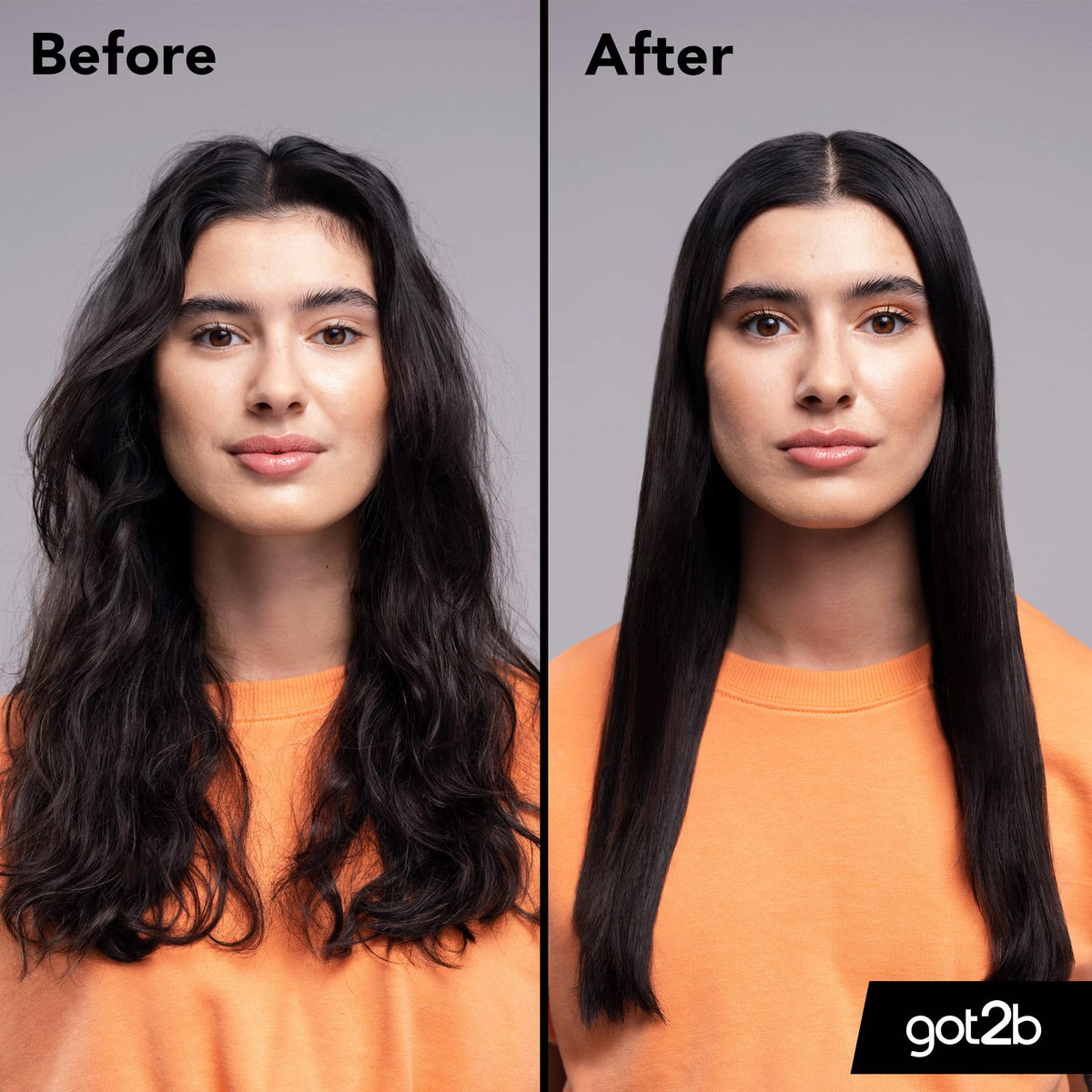 got2b Smooth Operator before and after: wavy dark hair on the left and straight sleek hair on the right