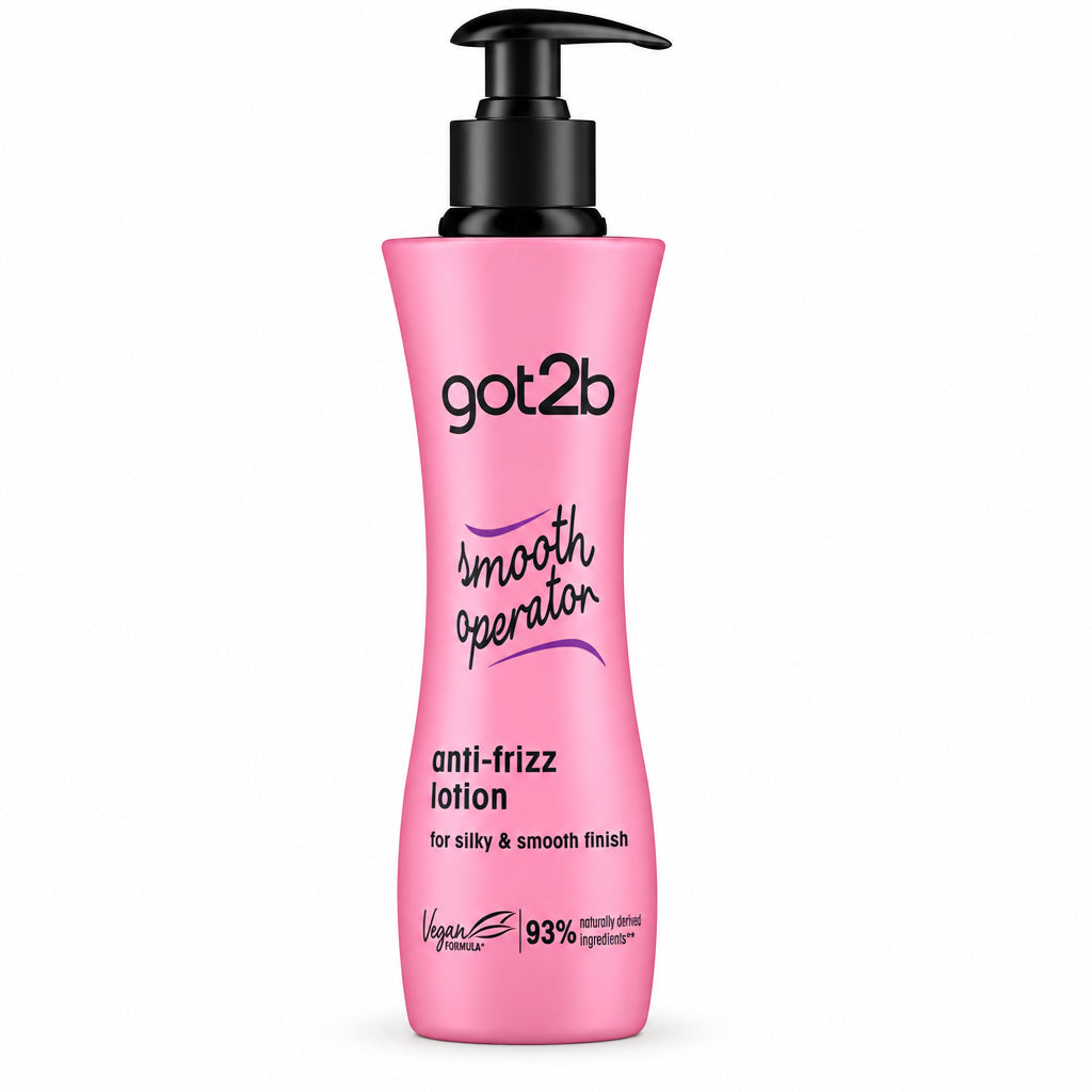 got2b Smooth Operator Anti-Frizz Lotion 200 ml pink bottle with black pump, front view