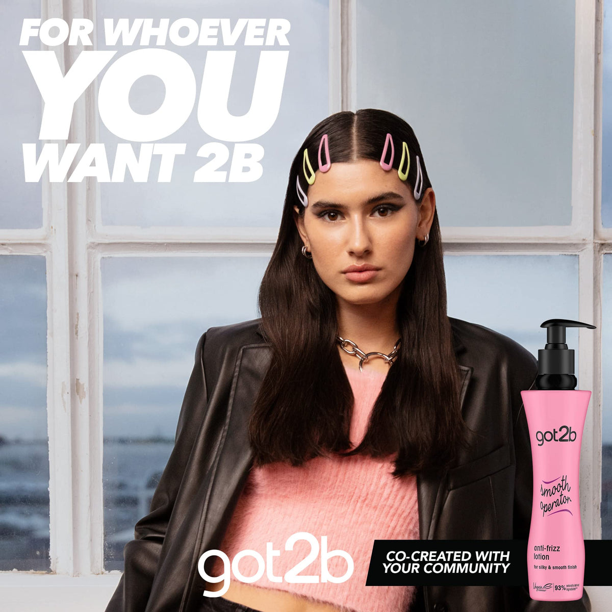 Model with sleek hair and clips beside the got2b Smooth Operator anti-frizz lotion bottle
