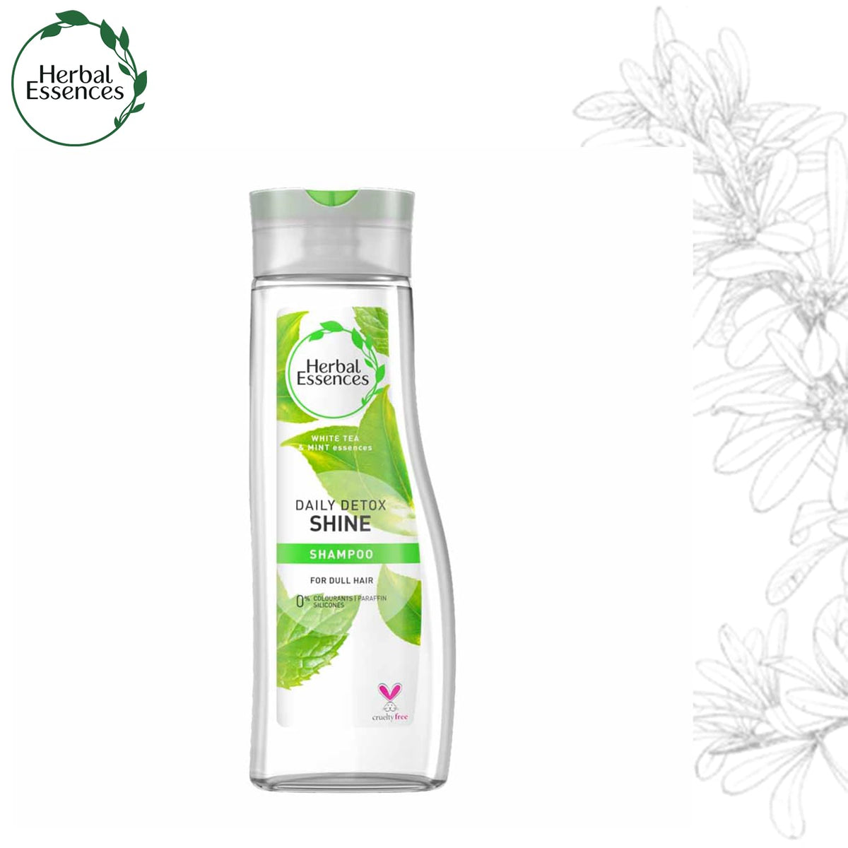 Daily Detox Shine shampoo bottle beside a pencil-sketched white flower with the Herbal Essences logo in the corner
