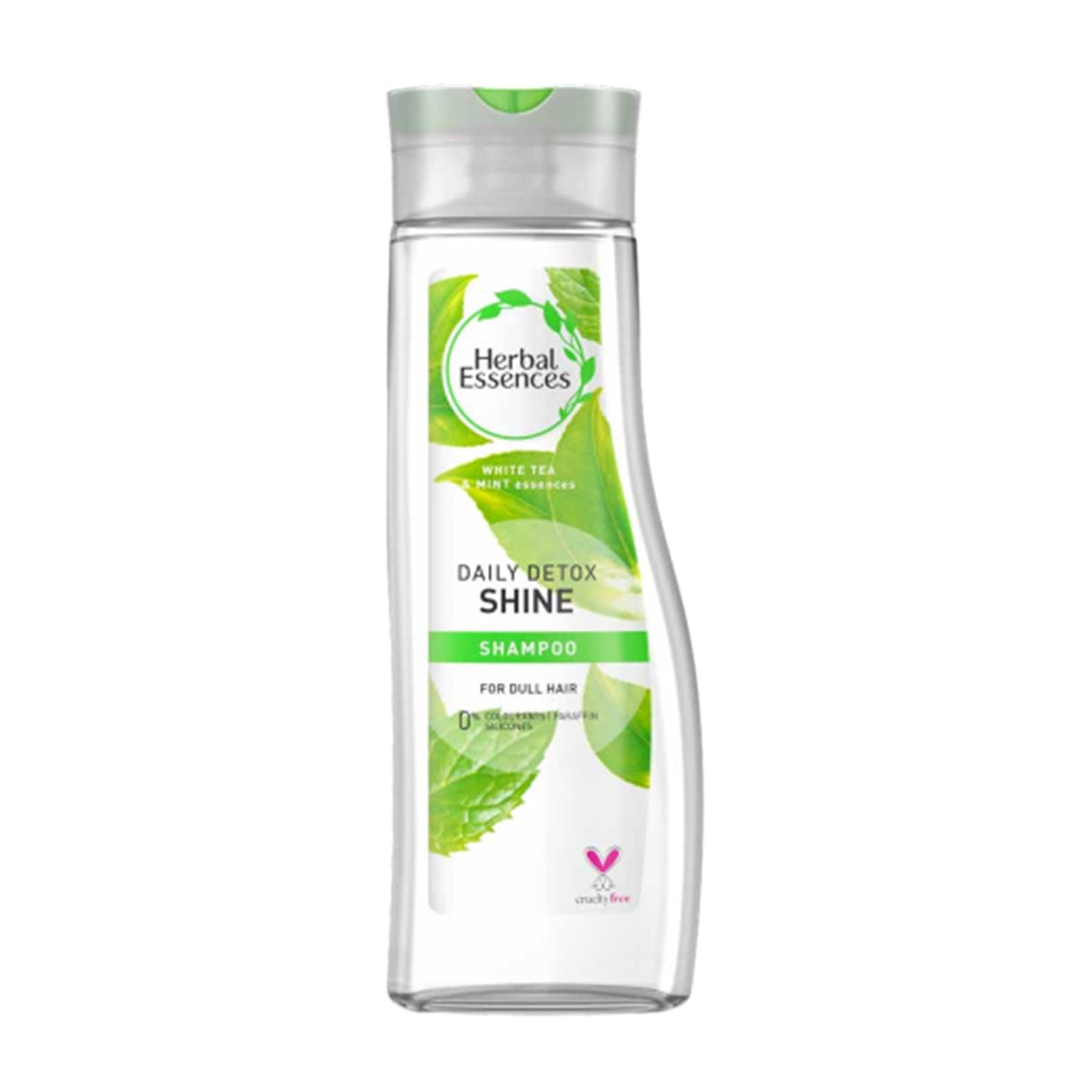 Herbal Essences Daily Detox Shine White Tea and Mint Shampoo 400 ml clear bottle with green leaf label, front view