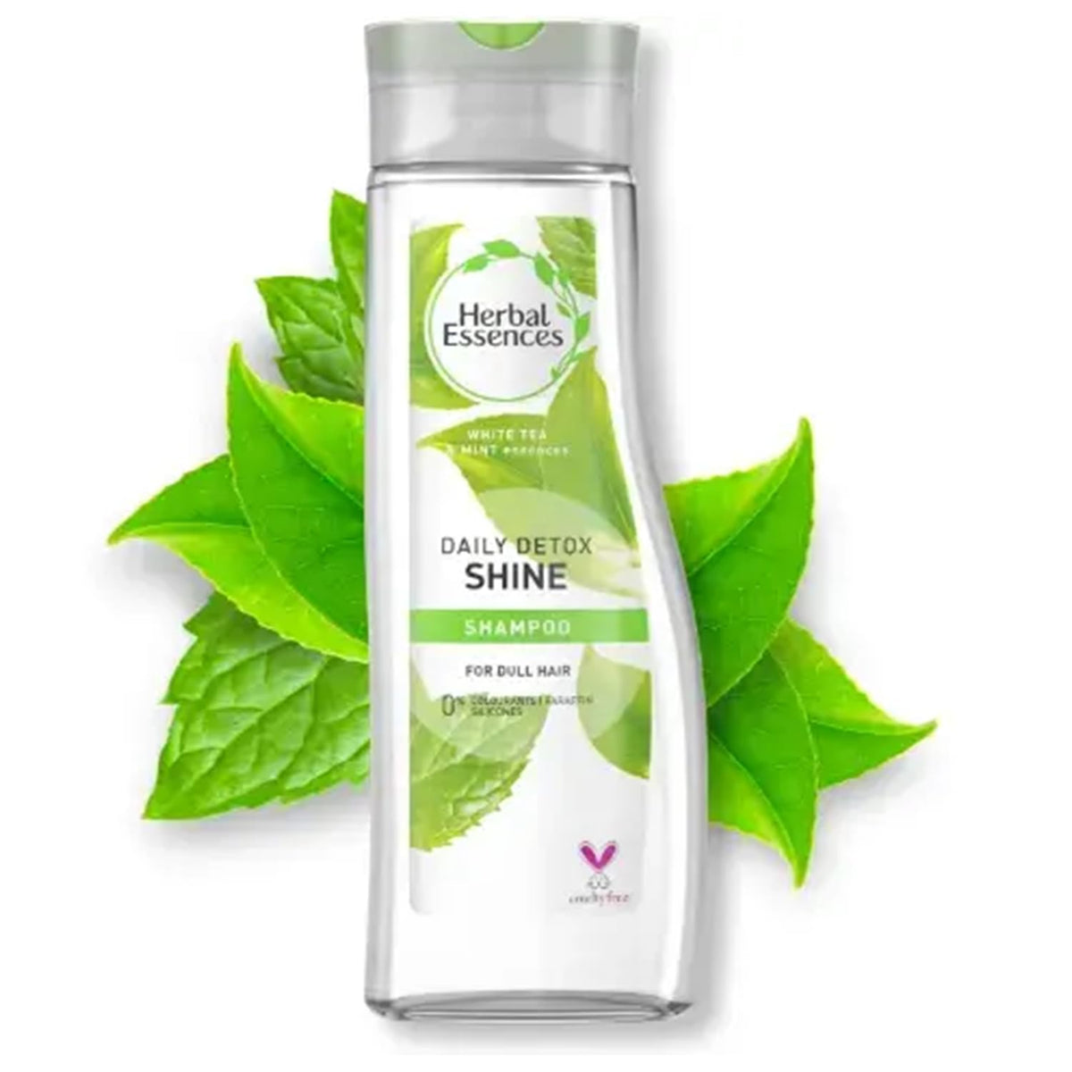 Daily Detox Shine shampoo bottle resting on a bed of fresh green mint leaves