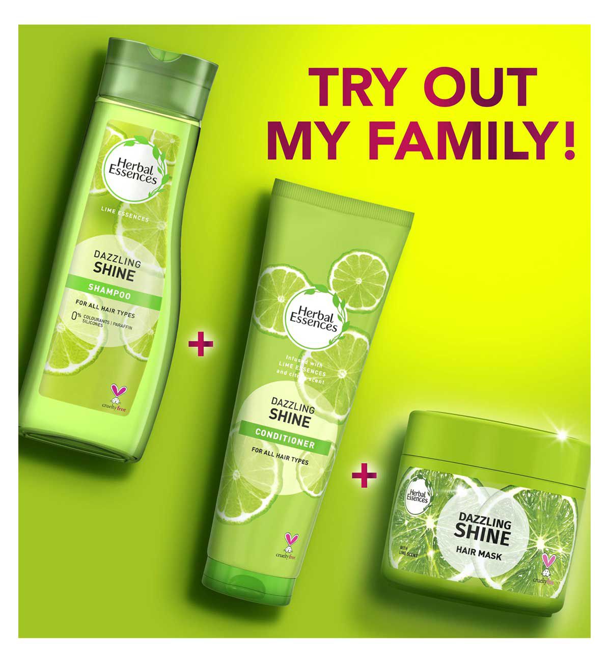 Herbal Essences Dazzling Shine shampoo bottle, conditioner tube and hair mask tub shown together with the caption try out my family