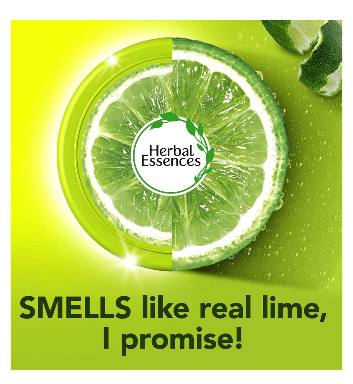 Halved lime with the Herbal Essences logo and the caption smells like real lime