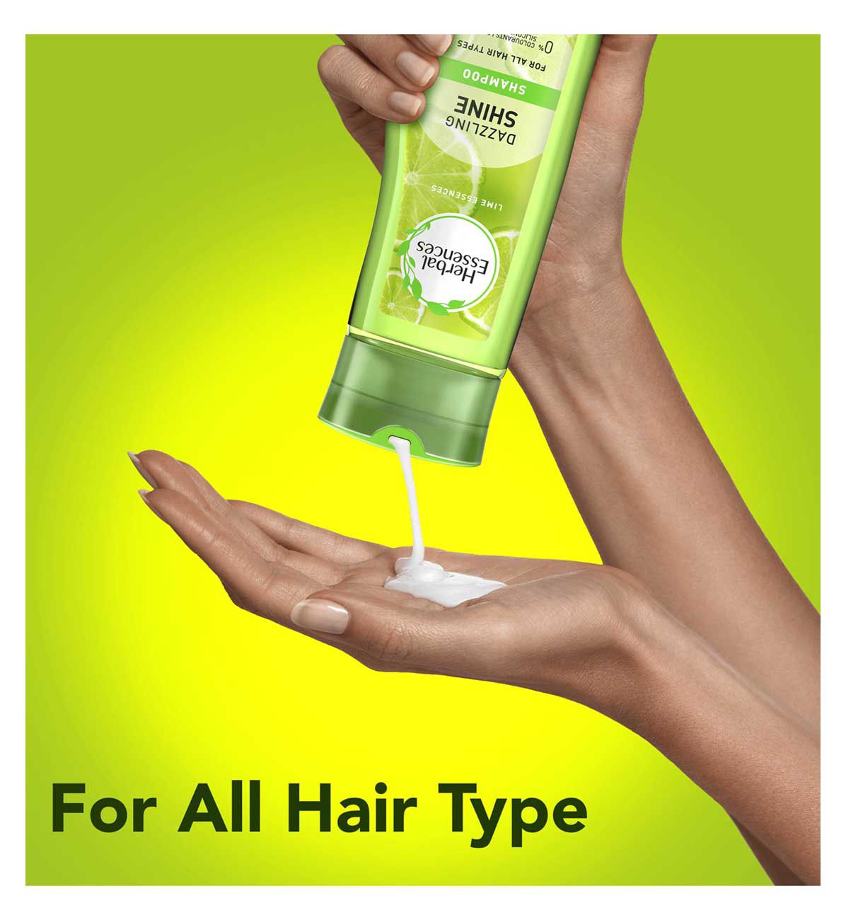 Herbal Essences Dazzling Shine Shampoo being poured from the bottle into an open palm, captioned for all hair type