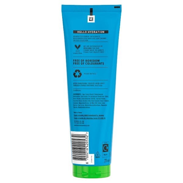 Back of the Hello Hydration Conditioner 275 ml blue tube showing product information, barcode and green flip cap