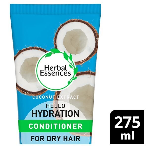 Herbal Essences Hello Hydration Conditioner for dry hair, blue tube with coconut artwork and a 275 ml size badge, front close-up