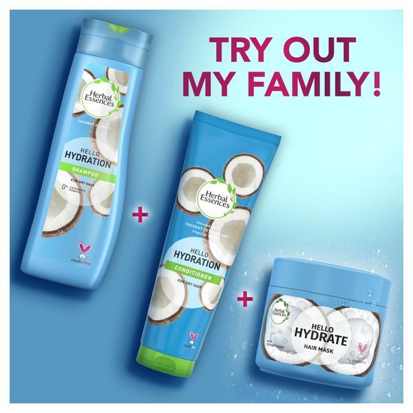 Herbal Essences Hello Hydration shampoo bottle, conditioner tube and hair mask tub shown together with the caption try out my family