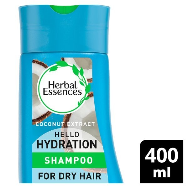 Herbal Essences Hello Hydration Shampoo for dry hair, blue bottle with coconut artwork and a 400 ml size badge, front close-up