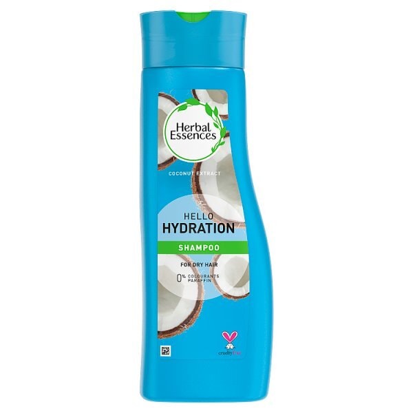Full-length view of the Hello Hydration Shampoo 400 ml curved blue bottle with coconut extract label