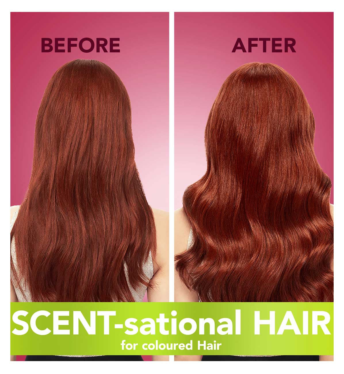 Before and after view of long red coloured hair from behind with the caption scent-sational hair for coloured hair