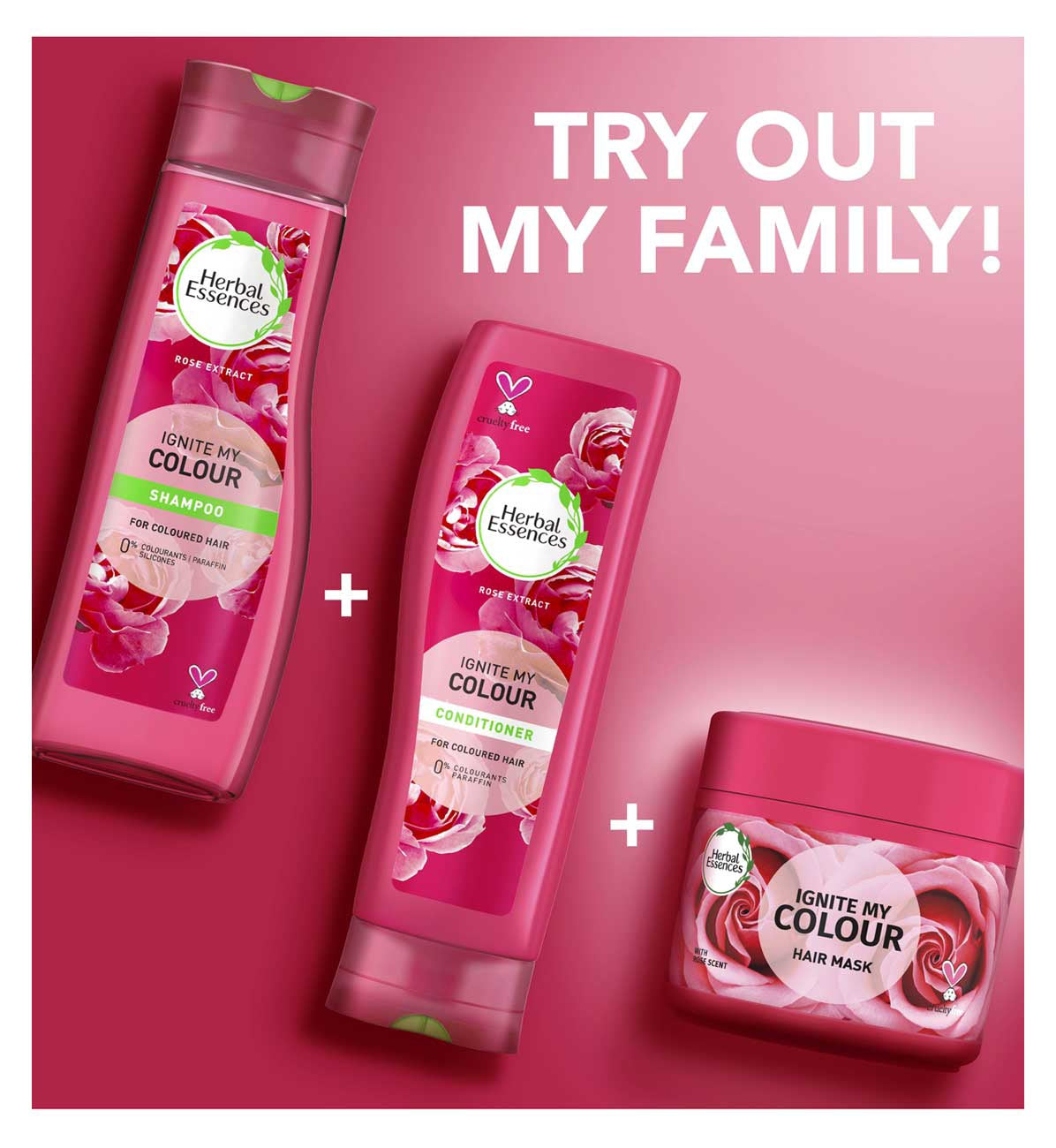 Herbal Essences Ignite My Colour shampoo bottle, conditioner tube and hair mask tub shown together with the caption try out my family