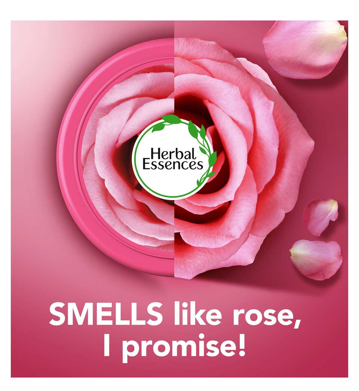 Pink rose inside a hair mask tub with the Herbal Essences logo and the caption smells like rose, I promise