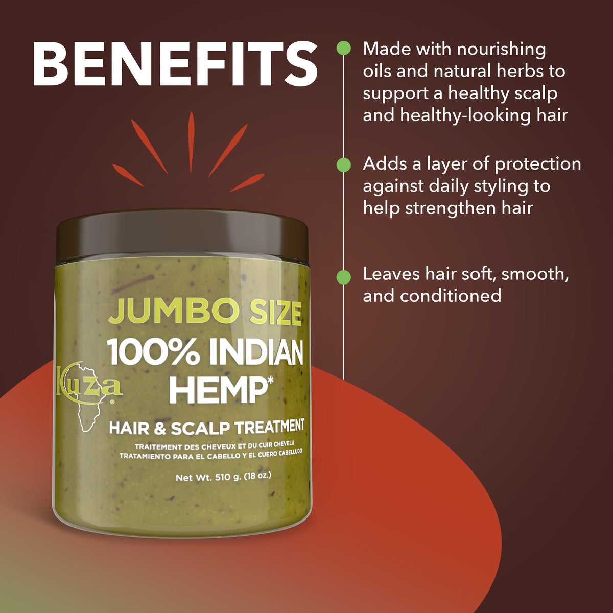 Jumbo Size jar on a red and brown background beside a benefits panel of three short points