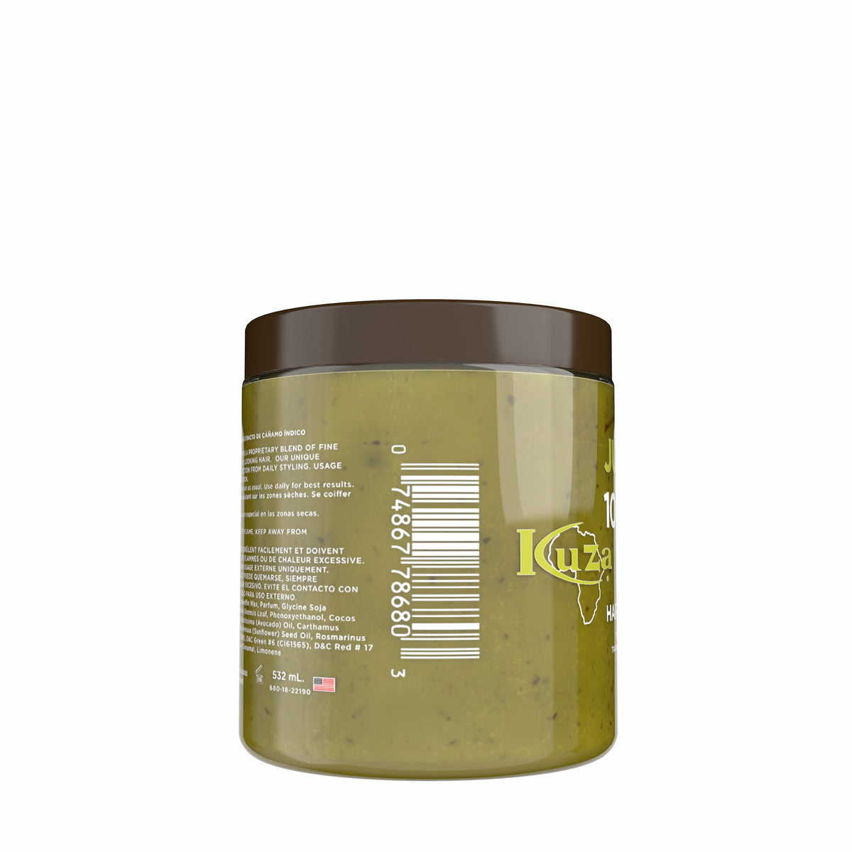 Left side of the jar showing a barcode and the Kuza logo