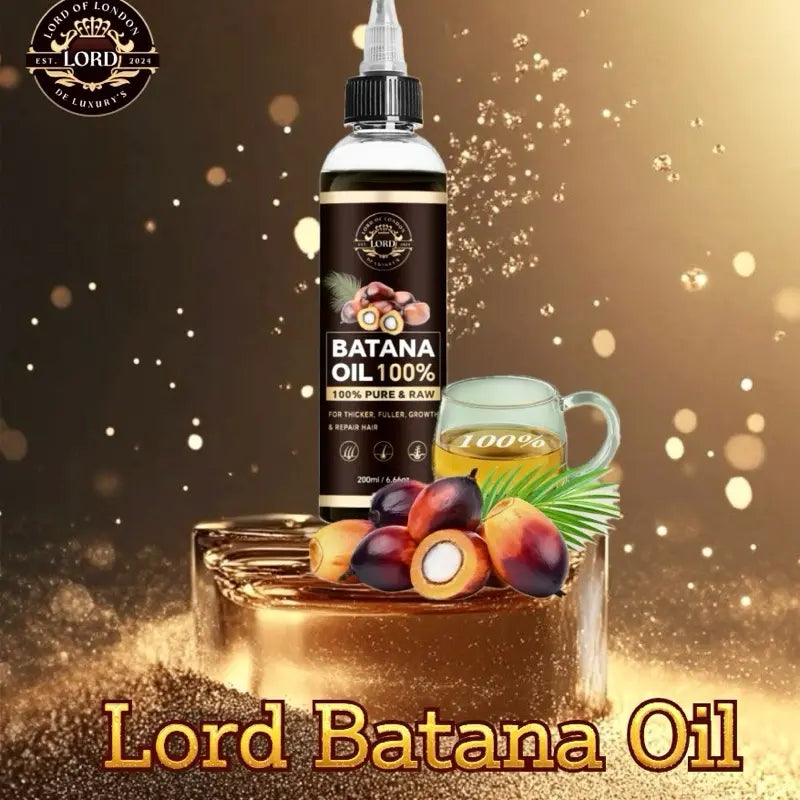 Batana Oil bottle with fruit and golden styling