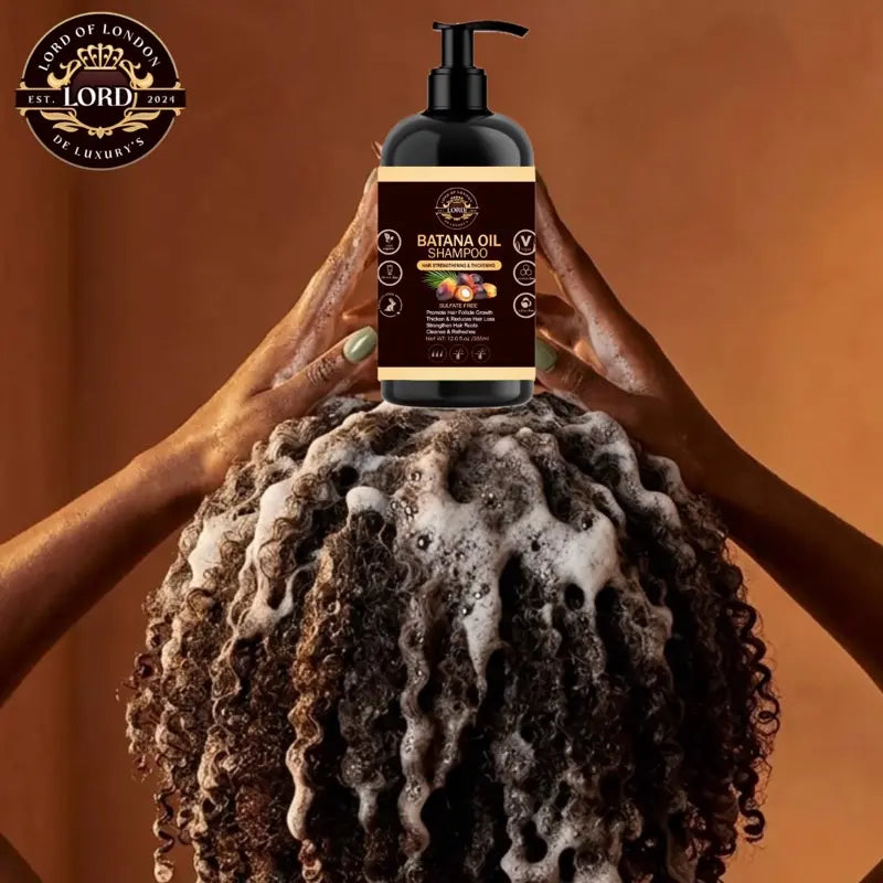 Batana Oil Shampoo bottle with batana fruit