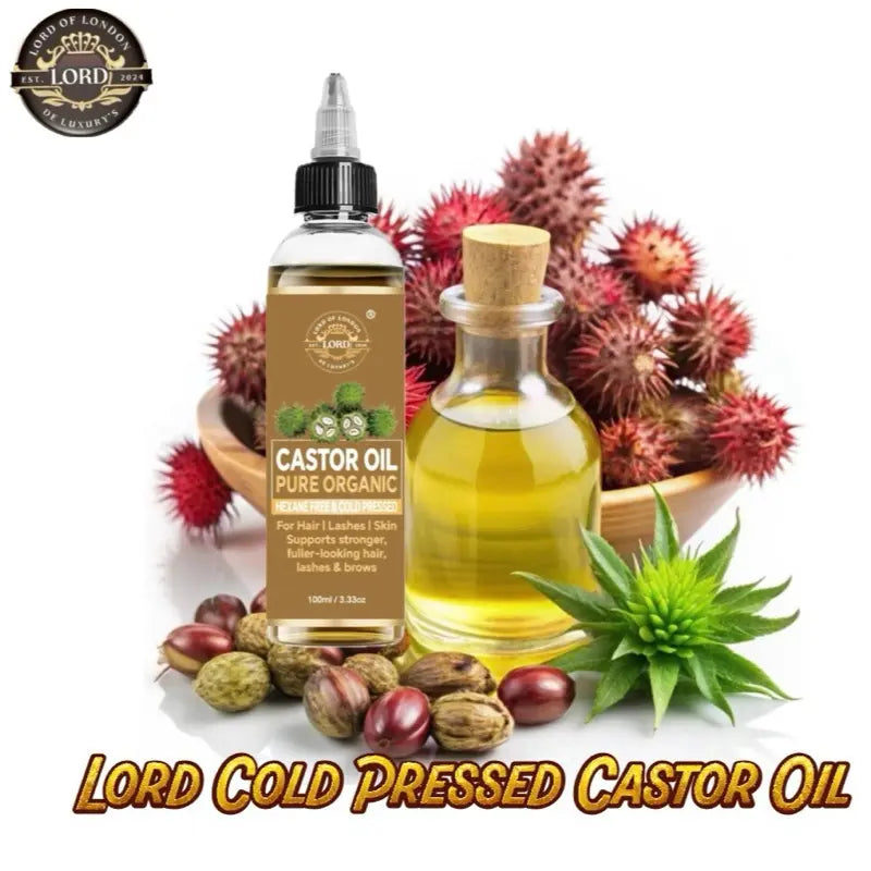 Castor Oil bottle with castor beans and botanical styling