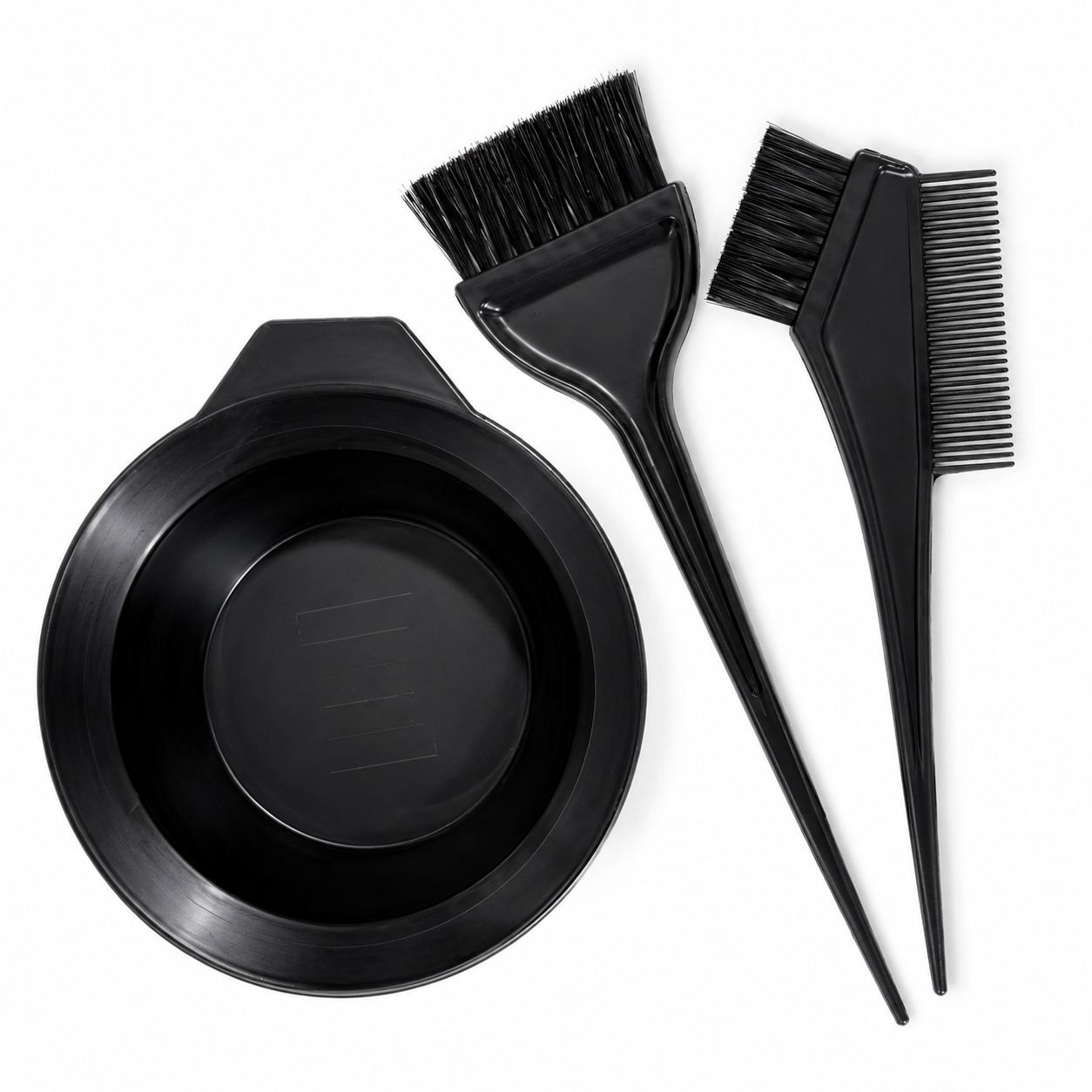 Black mixing bowl with wide colouring brush and precision comb brush