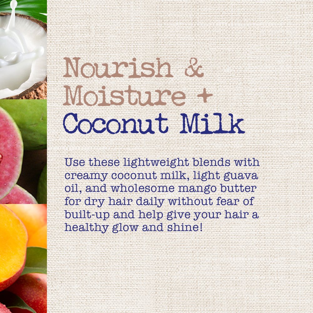 Graphic with the words Nourish & Moisture + Coconut Milk beside coconut and fruit imagery