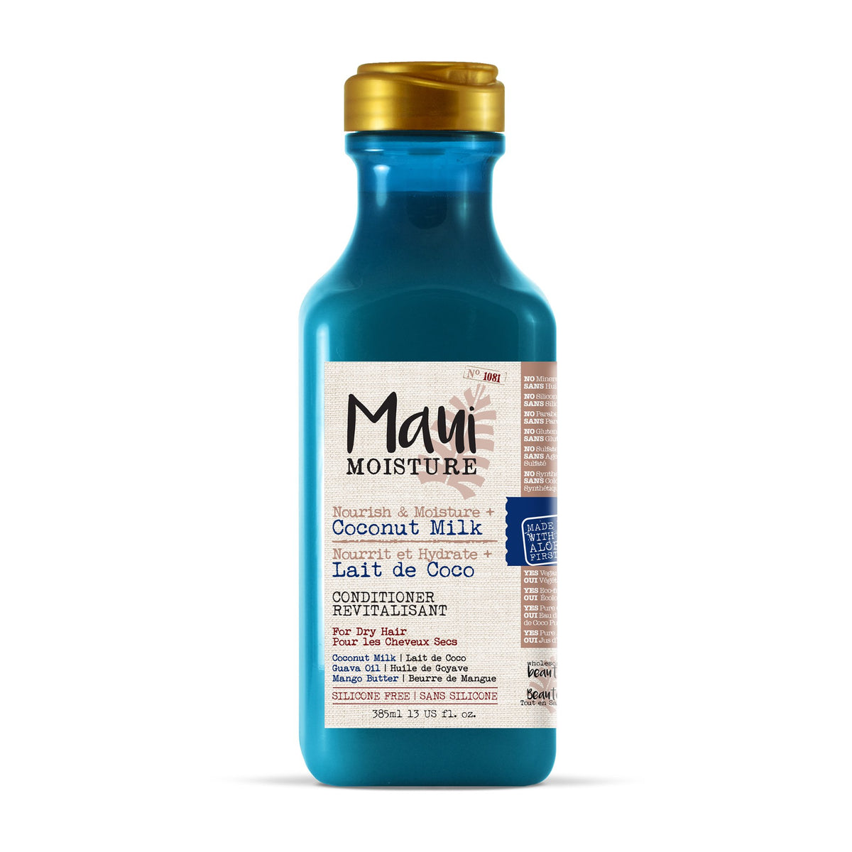 Maui Moisture Nourish & Moisture + Coconut Milk Conditioner 385 ml blue bottle with gold cap, front view