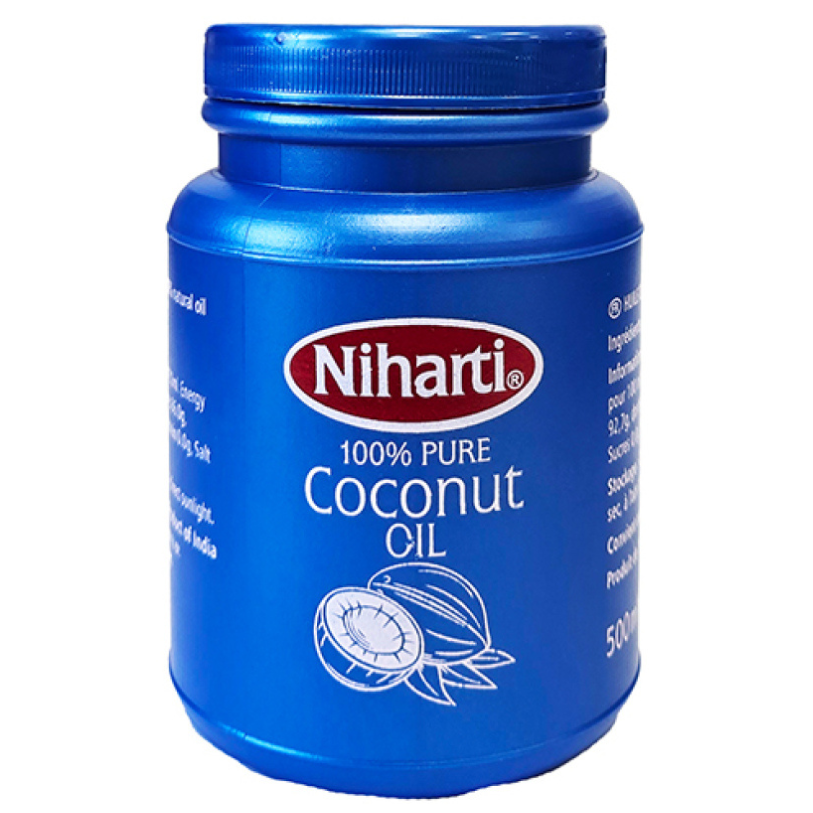 Niharti 100% Pure Coconut Oil blue 500 ml jar, front view