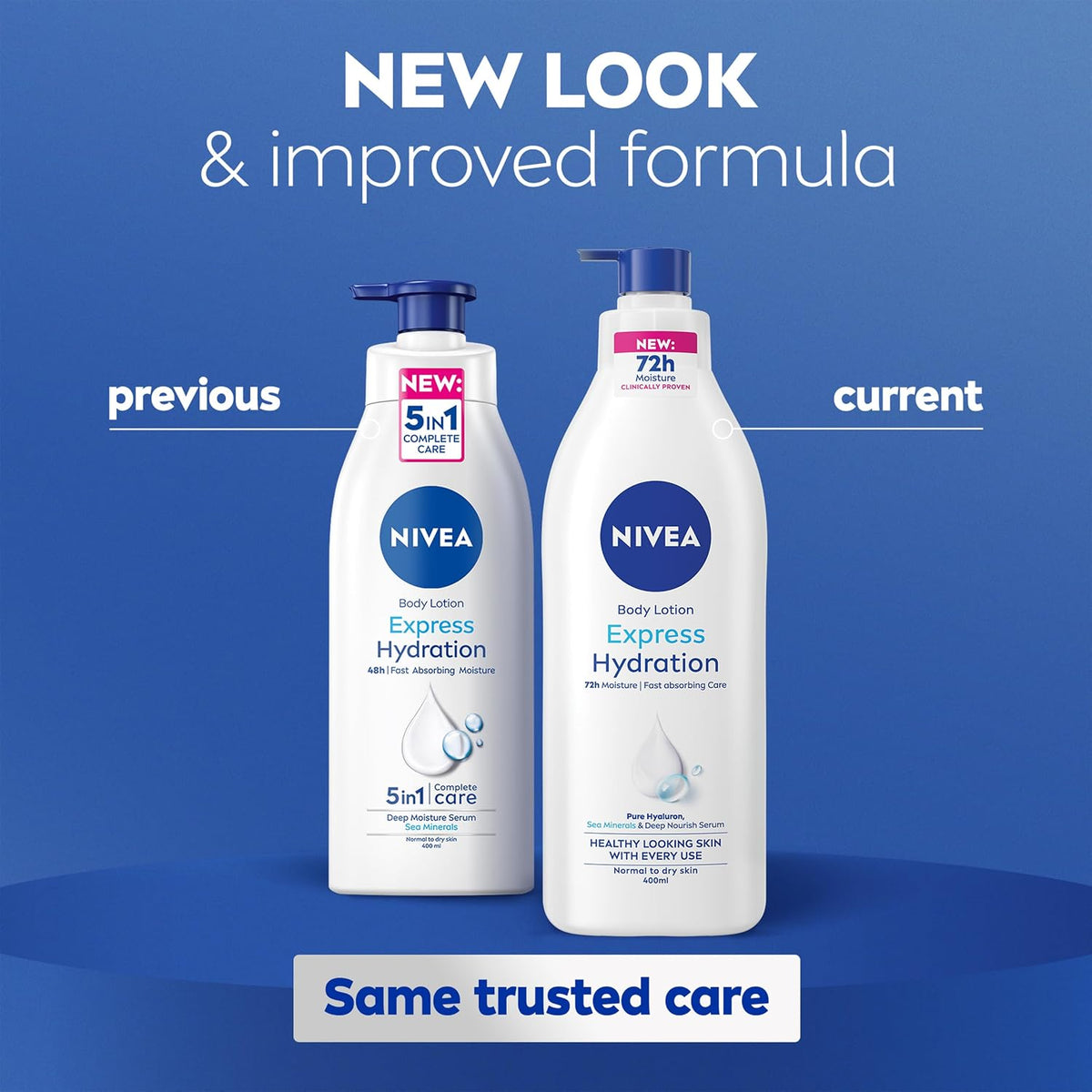 Previous and current Nivea Express Hydration bottle designs shown side by side