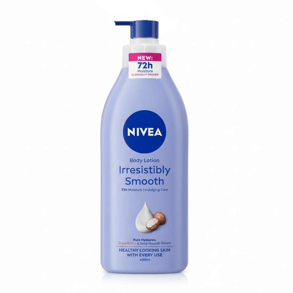 Nivea Irresistibly Smooth 400 ml pump bottle labelled 72-hour moisture