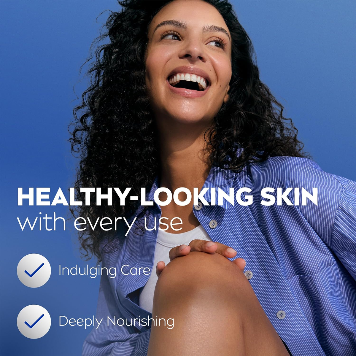Nivea Irresistibly Smooth healthy-looking skin graphic with woman touching her arm